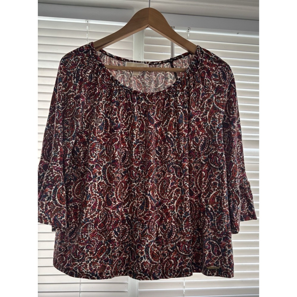 Michael Kors Womens L Peasant Blouse Red Paisley 3/4 Bell Sleeves